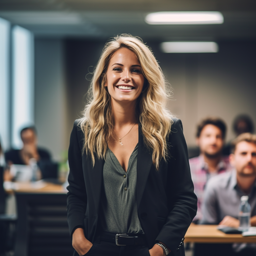 AI generated image of presenter in a room of people